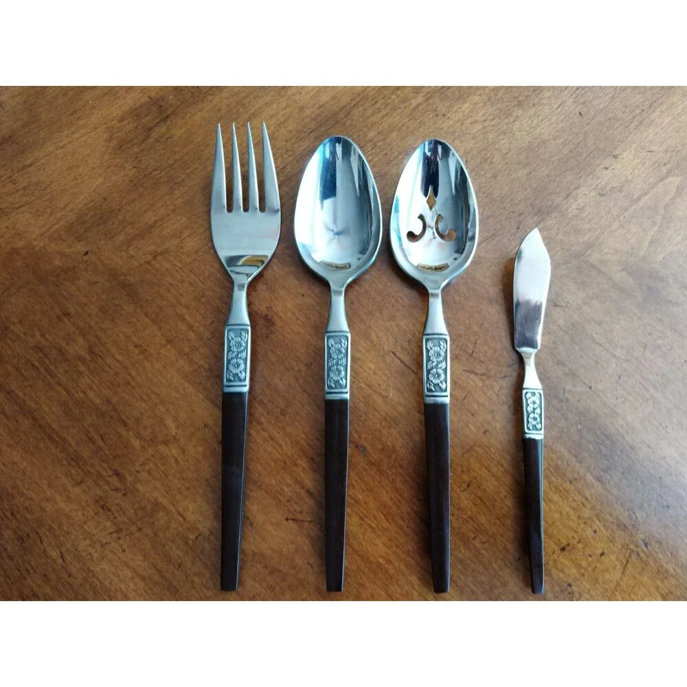 Lot 4x Serving Pieces Ekco Eterna La Joya Stainless Faux Wood Flatwar MCM EKS14
